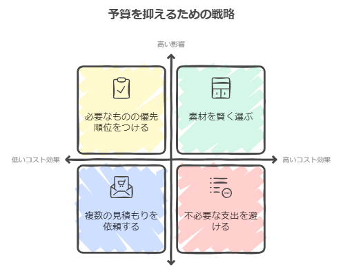 「予算を減らすための原則」と題された日本語のインフォグラフィック。 4 つの象限に分かれています: 必需品に優先順位を付ける (左上)、外構工事の材料を賢く選択する (右上)、複数の見積もりを依頼する (左下) ）、不必要な出費を避けます（右下）。軸は低コストから高コストと優先度を示します。