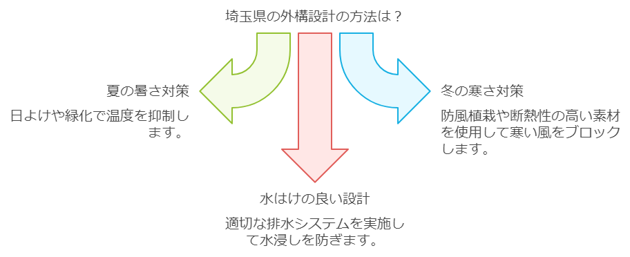 埼玉の建築設計における 3 つの主な戦略を示す日本語のインフォグラフィック。左矢印 (オレンジ) は日光と温度制御による夏の暑さ緩和、右矢印 (青) は断熱材による冬の寒さ対策、中央矢印 (赤) は外構工事中の浸水を防ぐための適切な水設計です。