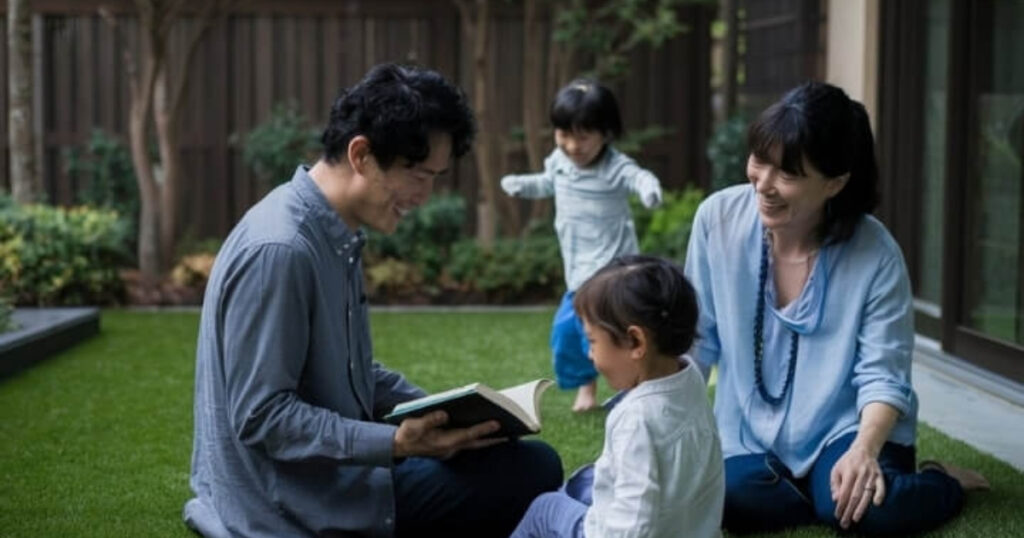 4 人家族が芝生の屋外に座っています。男性が目の前に座っている子供に本を読んであげています。女性が隣に座って微笑んでいます。別の子供が後ろで楽しく走っています。家族は木の柵と緑に囲まれています。