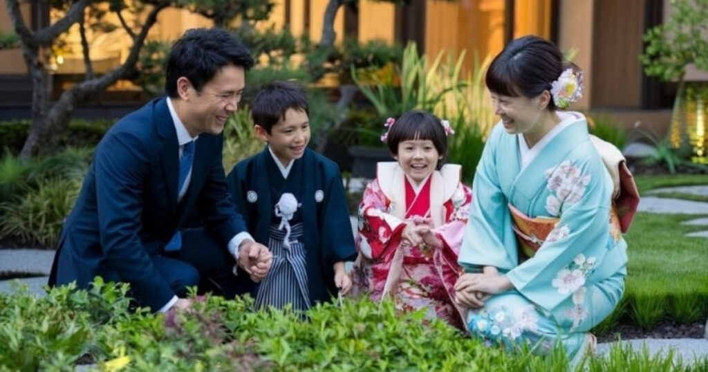 4人家族が庭でひざまずいて微笑んでいる。黒いスーツを着た父親と、花柄の薄いブルーの着物を着た母親が、2人の子供と一緒にいる。男の子は黒い着物、女の子はピンクと白の着物を着て、豊かな緑が彼らを取り囲んでいる。