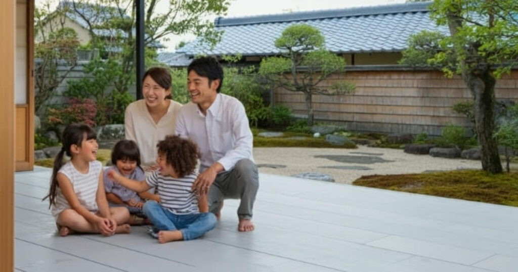 4 人家族が、静かな日本庭園を見渡すモダンな木製デッキに座って微笑んでいます。大人 2 人と子供 2 人がカジュアルな服装で、一緒に楽しいひとときを過ごしています。彼らの後ろの庭には、きれいに剪定された木々、伝統的な木製の柵、砂利道があります。