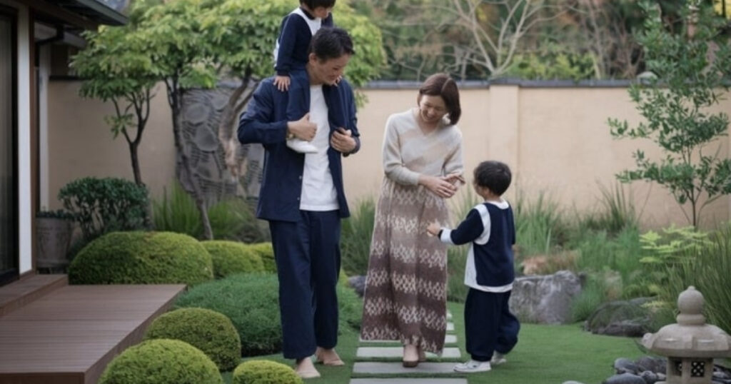 家族が日本庭園で静かなひとときを楽しんでいます。男性が子供を肩に乗せ、女性ともう一人の子供が近くを歩いています。家族はきれいに刈り込まれた茂み、石灯籠、木々やベージュの壁に囲まれています。誰もが笑顔でリラックスしています。