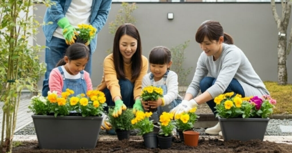 4 人家族が屋外でガーデニングをしており、大きな長方形の植木鉢に鮮やかな黄色の花を植えています。両親と 2 人の子供は、全員カジュアルな服装と園芸用手袋を身に着け、笑顔で作業に集中しています。背景にはモダンなフェンスと緑が映っています。