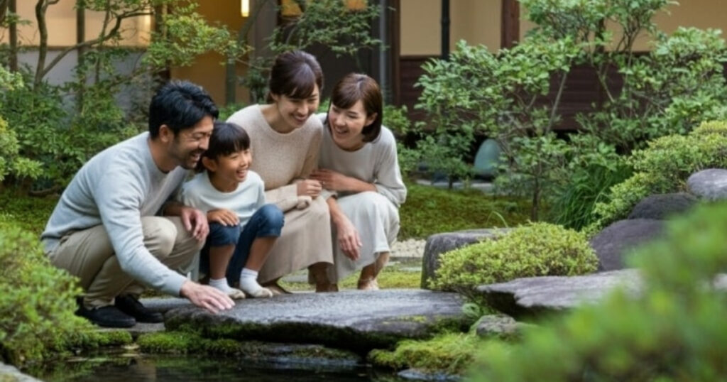 4 人家族が日本庭園の静かな池のそばで微笑みながらしゃがんでいます。両親と 2 人の子供はカジュアルな明るい色の服を着ています。彼らを取り囲むのは青々とした緑の葉と丁寧に配置された石で、平和で調和のとれた雰囲気が醸し出されています。