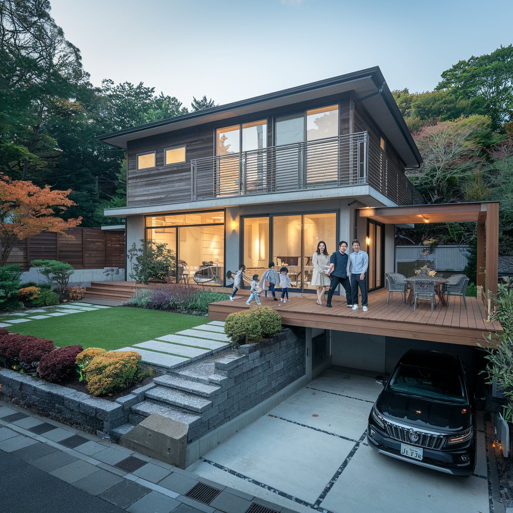 大きな窓のあるモダンな 2 階建ての家は、豊かな緑に囲まれています。6 人家族が私道に立って微笑んでおり、子供たちは階段で遊んでいます。家にはカーポートがあり、中には黒い SUV が駐車されています。また、きれいに刈り込まれた低木が植えられた美しい庭園もあります。