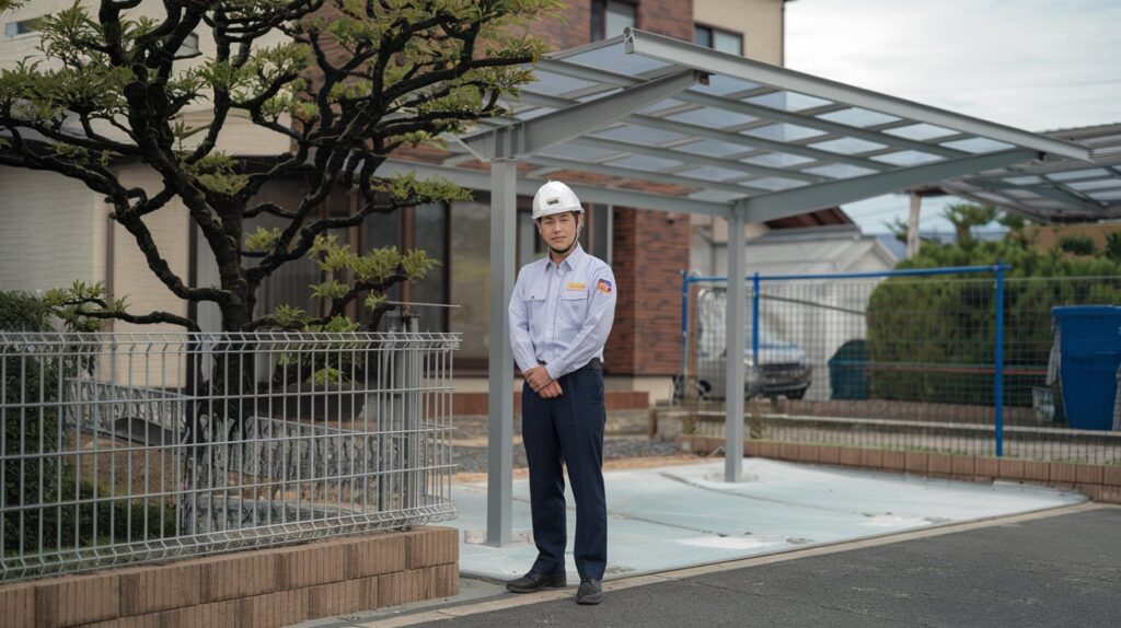 白いヘルメットと制服を着た建設作業員が金属とガラスのカーポートの下に立っています。彼の後ろにはきれいに刈り込まれた木とレンガ造りの建物があります。周囲はフェンスで囲まれており、背景には緑と駐車中の車が見えます。空は曇っています。